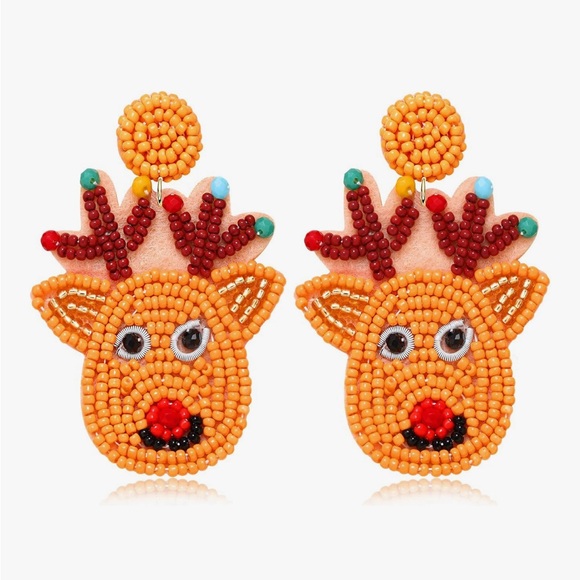 Betsey Johnson Handcrafted Christmas Reindeer Beaded Dangle Drop Earrings - Picture 1 of 8